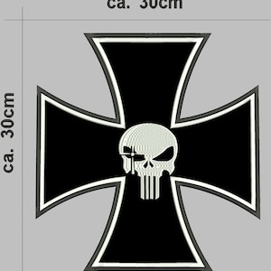 Peut inclure: Patch en forme de croix de fer noire et blanche avec un motif de crâne et d'os croisés blancs. Le patch mesure environ 30 centimètres de large et 30 centimètres de haut.