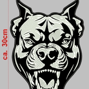 May include: Black and white embroidered patch of a snarling pit bull dog head. The patch measures approximately 22 inches wide and 30 inches tall.