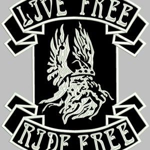 May include: Black and white embroidered patch with a winged figure and the text "Live Free Ride Free".