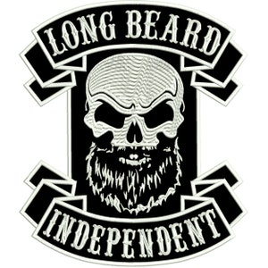 May include: Black and white embroidered patch with a skull with a long beard and the text "LONG BEARD INDEPENDENT" on two banners.