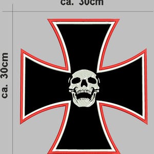 May include: Black and red iron cross patch with a white skull in the center. The patch is approximately 30 inches wide.