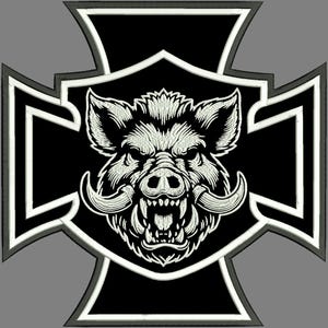 May include: Embroidered patch featuring a detailed, white-outlined boar's head with large tusks, set against a black background within a white-bordered, stylized cross shape. The design is on a gray background.