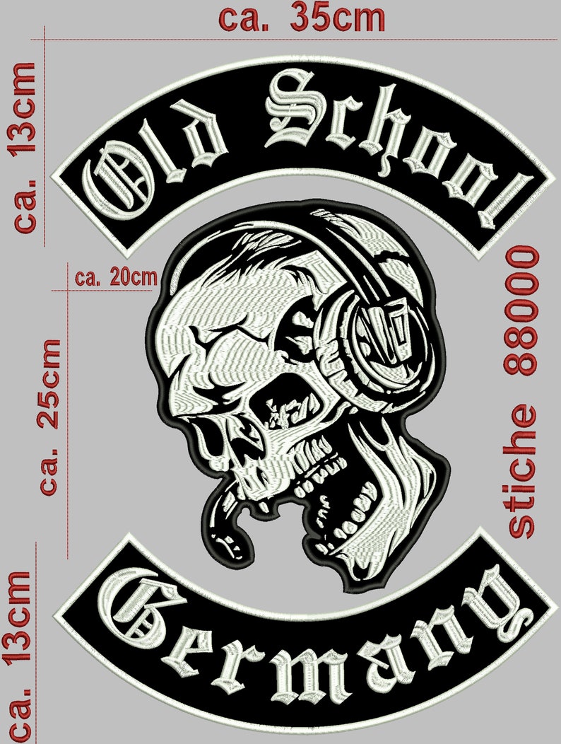 Peut inclure: Patch brod&eacute; noir et blanc avec un cr&acirc;ne portant un casque et le texte "Old School Germany" et "stiche 88000". Le patch mesure environ 13 cm de large et 25 cm de haut.