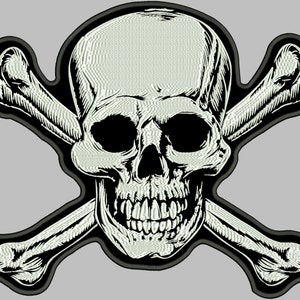 Puede incluir: Un diseño de calavera y huesos cruzados blancos sobre fondo negro. La calavera tiene una cara detallada con dientes y cuencas de los ojos.