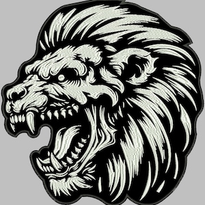 May include: Black and white embroidered patch of a roaring lion's head with a detailed mane.