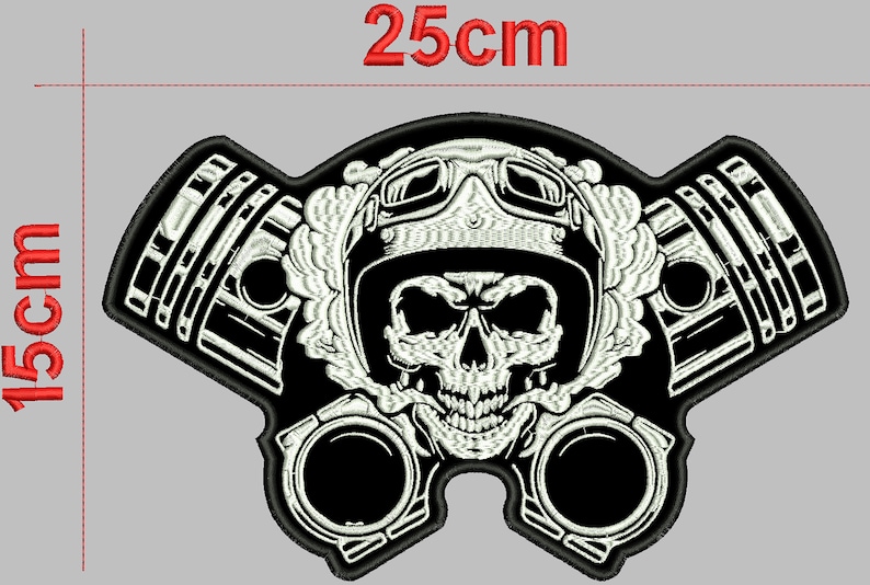 May include: Black and white embroidered patch featuring a skull wearing a helmet and goggles, surrounded by engine pistons and smoke. The patch measures 15 cm by 25 cm.