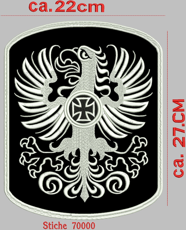May include: Black embroidered patch with a white eagle design holding a black iron cross in a circle. The patch is approximately 22 inches wide and 27 inches tall. The text "Stiche 7000" is at the bottom of the patch.