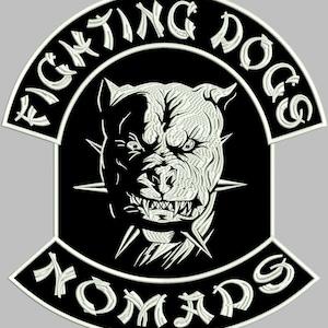 May include: Black and white embroidered patch with a fierce-looking dog head in the center. The words "Fighting Dogs" are arched above the dog and "Kommand" is arched below the dog.