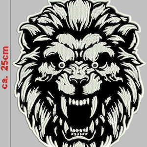 May include: Black and white embroidered patch of a lion's head with a fierce expression. The lion's mouth is open, showing sharp teeth. The patch is approximately 8 inches wide and 10 inches tall.