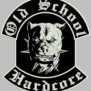May include: Black and white embroidered patch featuring a snarling pit bull dog in the centre. The text "Old School Hardcore" is written in a gothic font around the dog.