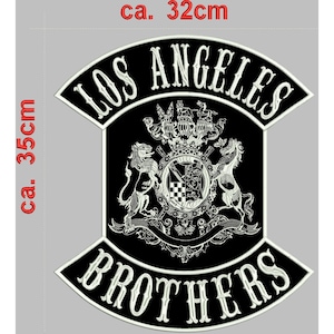 May include: Black and white embroidered patch with the words "LOS ANGELES BROTHERS" in a curved design. The patch features a detailed crest with lions, horses, and a shield, measuring approximately 13.8 inches wide and 12.6 inches high.