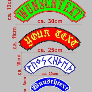 May include: A selection of embroidered patches in various sizes and colours. The patches feature arched designs with text, including "Wunschtext" and "Your Text". Measurements are in centimetres, with the largest patch at approximately 15cm high and 40cm wide.