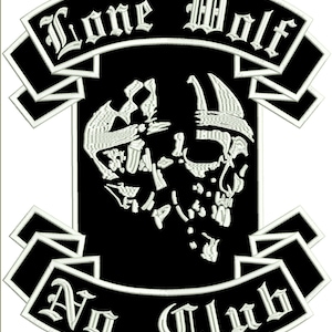 Lone Wolf No Club Patch, Back Patch 35 x 32 cm Fabric Black/ Yarn White