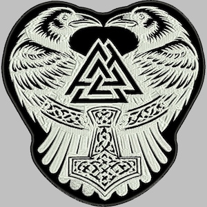 May include: Embroidered patch with a heart-shaped design featuring two ravens facing each other above a black and white triangular symbol. Below the symbol is a hammer with intricate knotwork, all on a black background.