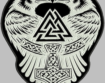 Design with two ravens, the Valknut symbol and Thor's hammer embroidery file, machine embroidery, instant download.