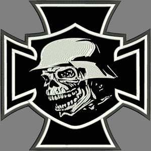 May include: A black and white patch featuring a skull wearing a helmet, set against a black background within a white-bordered Iron Cross shape. The design has a detailed, textured appearance, with a gray background.