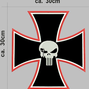 Peut inclure: Patch en forme de croix de fer noire et blanche avec un crâne et des os croisés blancs au centre. Le patch mesure environ 30 centimètres de large et 30 centimètres de haut.