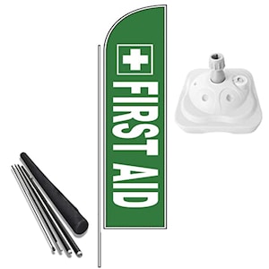 May include: A green and white first aid flag with a white cross and the words "FIRST AID" in white. The flag is attached to a white base with a black pole.