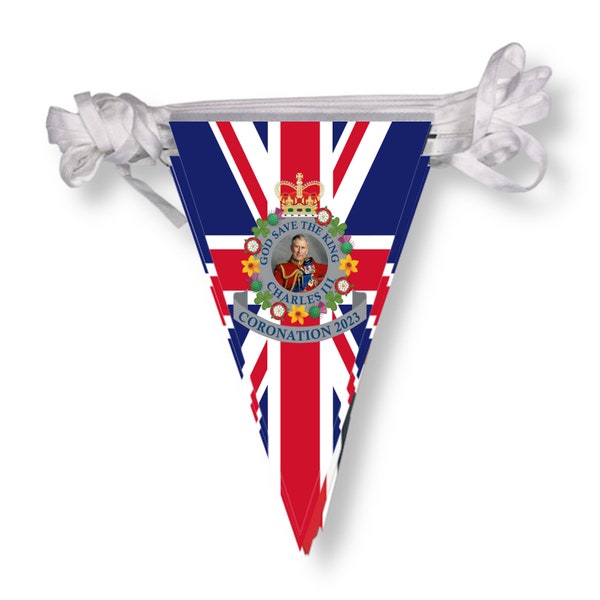 Official King Charles 111 Coronation Fabric High Quality  Bunting  Large or Medium bunting flags 2 sizes Available comes in 10 metre lengths