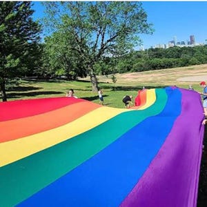 May include: A large, rainbow-colored fabric stretched across a grassy field. The fabric displays the colors of the Pride flag: red, orange, yellow, green, blue, and purple. Several people are holding the fabric, with trees and a cityscape in the background.