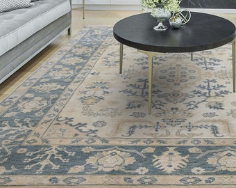Modern Oushak Wool Rug, Blue Beige Rug With Colorful Accents, Custom Rugs For Living Room Bedroom, Home Office Rug