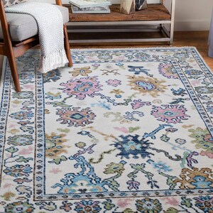 Modern Colorful 5x8 Oushak Rug, Personalized Floral Bedroom Dining Wool Rug, Handmade Turkish Living Room Rug, Wedding Anniversary Gift