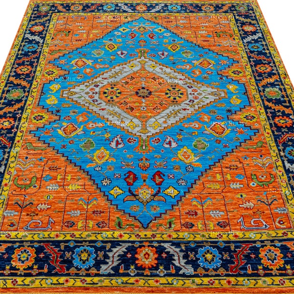 Lebendiger orange-blauer persischer handgeknüpfter Teppich | Moderner Orientteppich aus Abrash mit feiner Textur und neuseeländischer Wolle