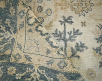 Blue Oushak Wool Rug, Modern Turkish Design, 9x12 ft, Handmade