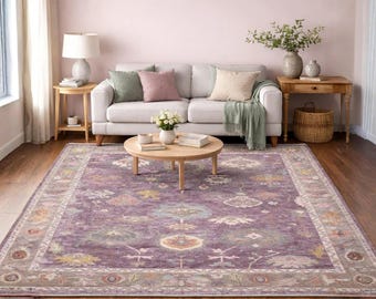 Hand-Knotted Oushak Wool Rug, Dusty Purple Floral, Custom Size (8x10)