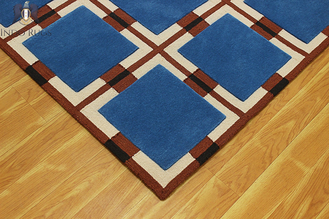 Blue and Maroon Hand Tufted Rug Geometrical Pattern Area Rug Made to