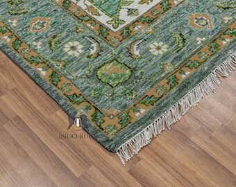 Hand Knotted Green Wool Oushak Rug, Teal Rust Brown Turkish Design (8x10 ft)