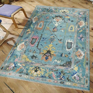 Blue Grey Turkish Oushak Fine Wool Rug - Large Colorful Outdoor Modern Rug - Custom Made Cottagecore Multicolored Rugs, Contemporary Rug