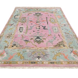 Pink Oushak Wool Rug 8x10, Modern Kids Room Rug With Colorful Accents, Custom Living Room Area Rug, Kitchen Decor