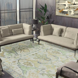 Pale Silver Rug With Colorful Accents, Modern Turkish Oushak Home Office Rug, Custom Handmade Living Room Rug, Valentine Gifts
