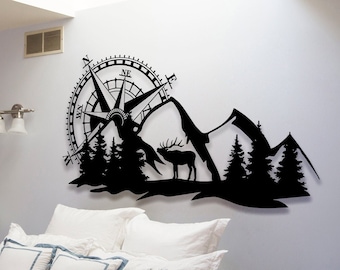 Metal Mountain Compass Wall Art: Nautical Landscape Decor
