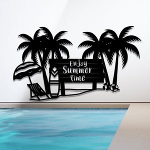 Enjoy Summer Time Metal Wall Art: Palm Tree Pool Decor