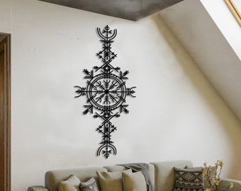Arte da parete in metallo simbolo bussola vichinga, decorazione da parete Viking Wayfinders, straordinaria arte Vegvisir, cerchio runico con Mjölnir, regalo per la festa della mamma
