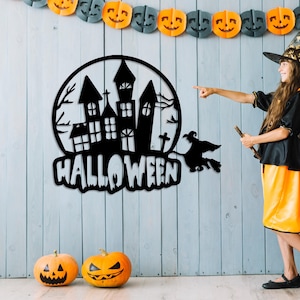 Witch & Haunted House Halloween Metal Wall Art Sign