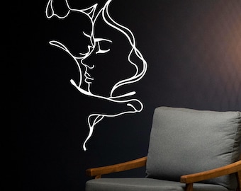 Woman & Cat Minimalist Metal Wall Art: Modern Line Art Decor