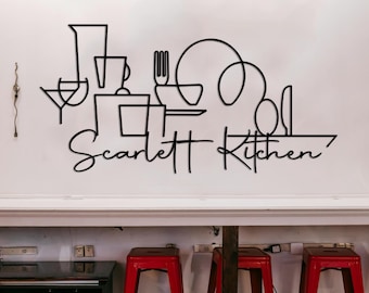 Custom Kitchen Metal Wall Art –  Personalized Modern Bon Appétit Line Art Decor