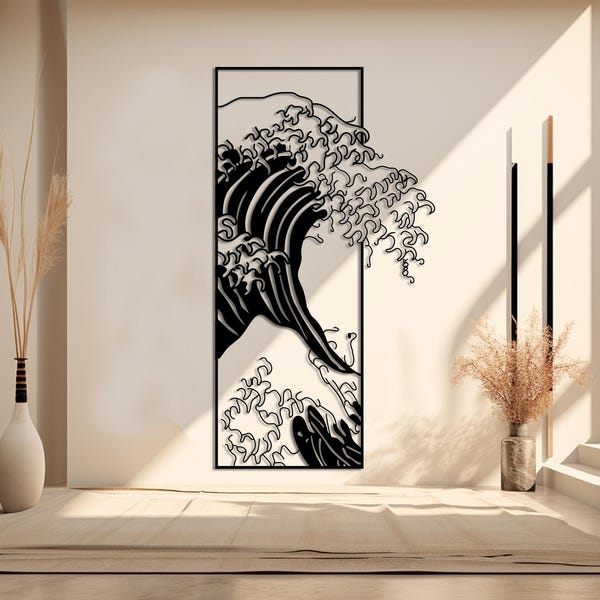 Arte de pared de metal con olas - Decoración costera de Hokusai