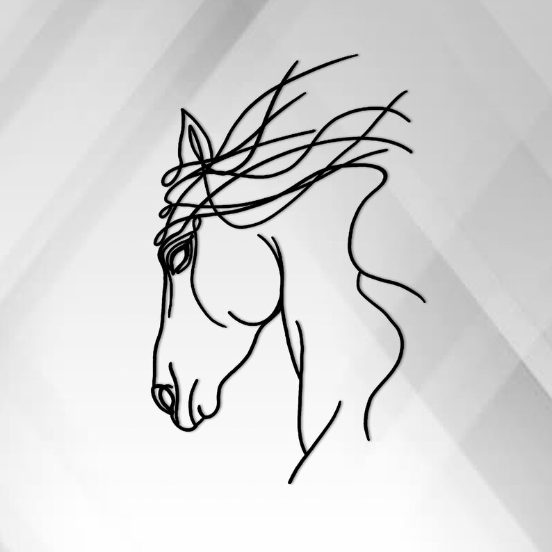 May include: Line art drawing of a horse's head with its mane flowing in the wind.