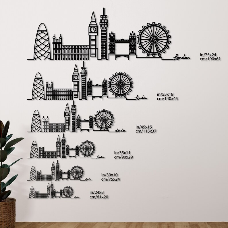 K&ouml;nnte beinhalten: Schwarze und wei&szlig;e Silhouette der Londoner Skyline mit Big Ben, dem London Eye und anderen ber&uuml;hmten Sehensw&uuml;rdigkeiten. Das Bild zeigt verschiedene Gr&ouml;&szlig;en der Skyline, mit Ma&szlig;en in Zoll und Zentimetern.