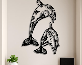 Arte lineal de delfines: decoración moderna de pared de metal