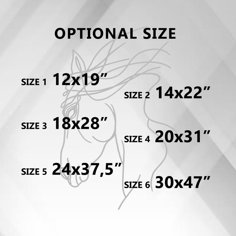 May include: A chart showing six different sizes of a product, with the measurements in inches. The sizes are 12x19 inches, 14x22 inches, 18x28 inches, 20x31 inches, 24x37.5 inches, and 30x47 inches.