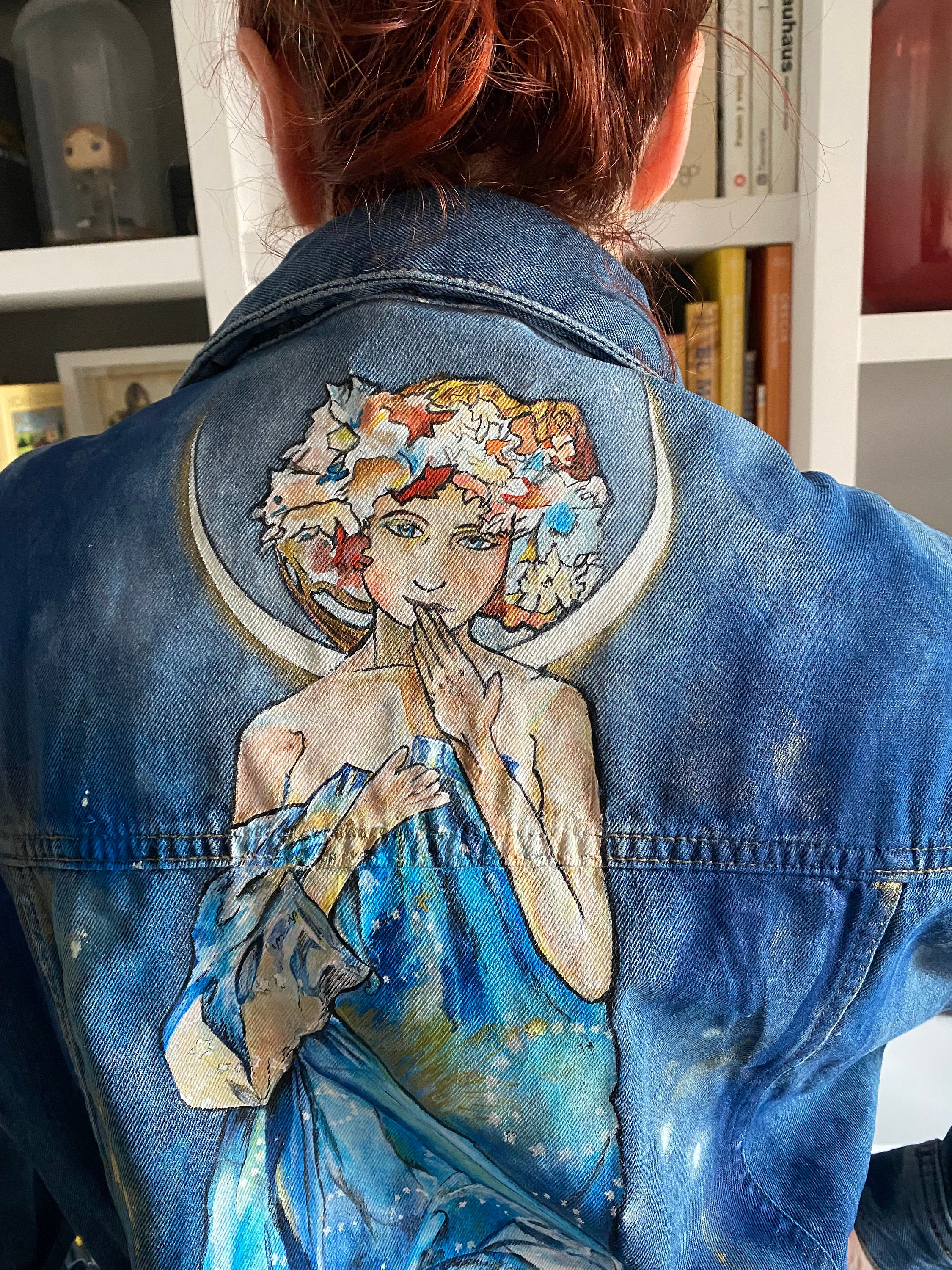 Hand-painted Denim Jacket With Textile Paint Claire De Lune