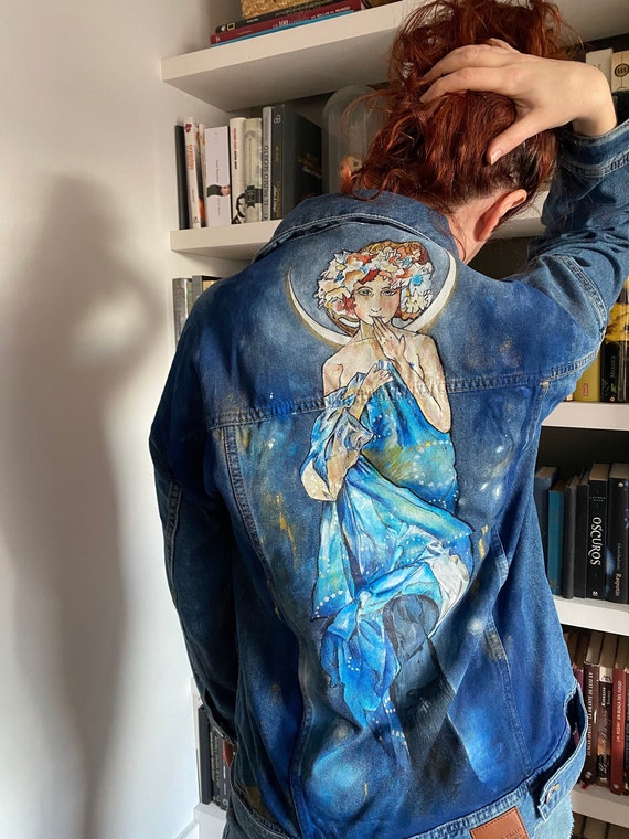 Buy Hand-painted Denim Jacket With Textile Paint Claire De Lune