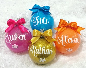 Personalised glitter Christmas bauble with box, christmas ornament, personalised bauble, glitter bauble, family name baubles, Xmas decor