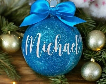 Personalised Christmas Bauble, Glitter Xmas Ornament, Custom Name Bauble, Sparkly Family Bauble, Xmas Gift, First Christmas, Christmas Decor