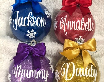 Glitter Christmas baubles, Personalised christmas ornament, personalised bauble with gift box, glitter Xmas bauble, name baubles